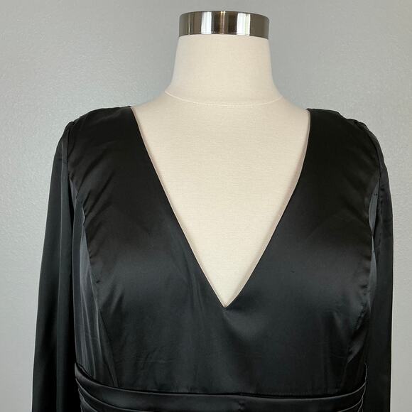 Mac Duggal Satin Long Sleeve Fit and Flare Midi Cocktail Dress Black Size 20W - Picture 7 of 13